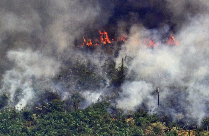 Nasa diz que 2019 é o pior ano de queimadas na Amazônia brasileira desde 2010 Queimadas na Amazônia - Foto aérea mostra fumaça em trecho de 2 km de extensão de floresta, a 65 km de Porto Velho, em Rondônia, em 23 de agosto de 2019 — Foto: Carl de Souza/AFP
