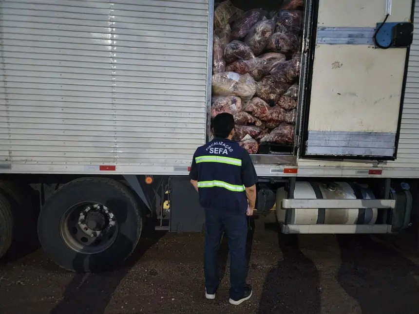 Um fiscal da SEFA em frente a um caminhão com a carga de carne exposta sendo inspecionada.