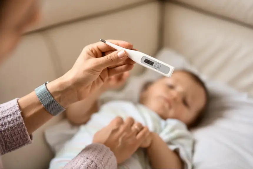 Mão segurando termômetro digital com leitura de 38.7°C e um bebê desfocado ao fundo.