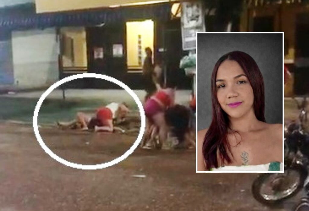 Composição: retrato de mulher jovem e cena de briga de rua com pessoa caída em destaque.