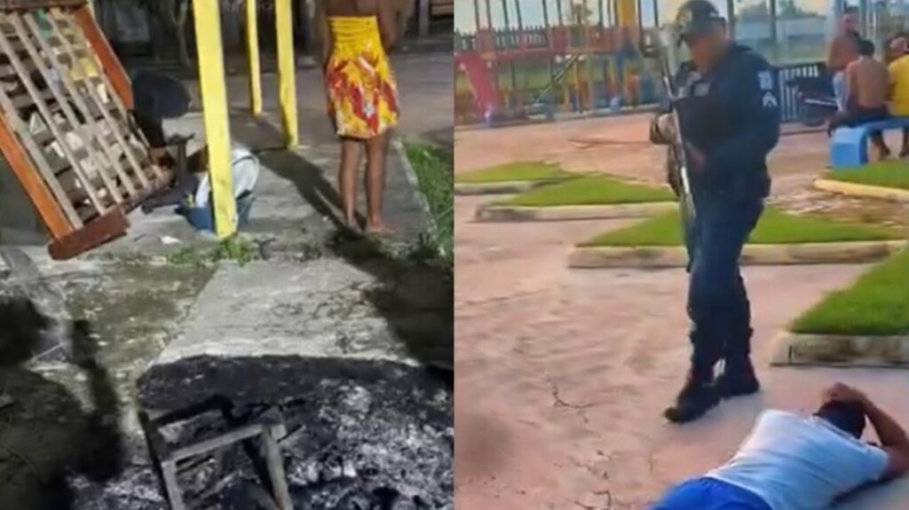 Montagem de duas cenas: mulher em vestido amarelo e cinzas de fogo à esquerda; policial com escudo em playground à direita.