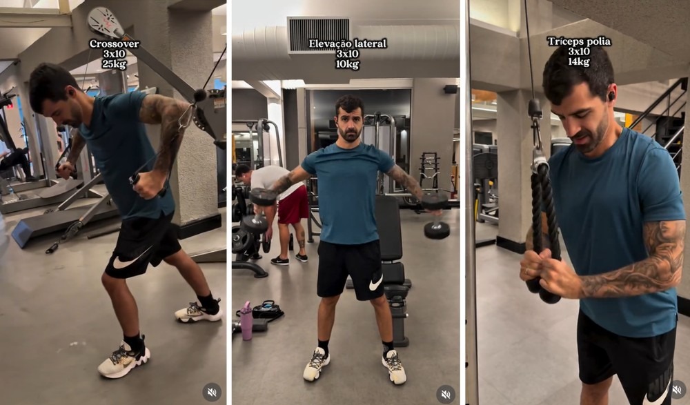 Homem fazendo elevação lateral com halteres de 10kg na academia.