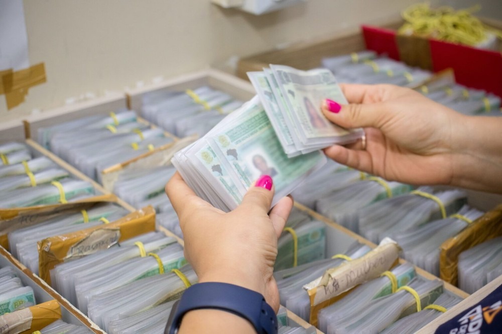 Mãos de uma pessoa manuseando várias carteiras de identidade (RG) brasileiras.