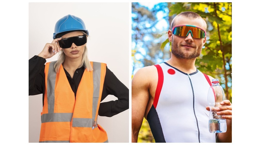 Mulher de capacete e colete refletivo ao lado de homem com óculos esportivos e roupa de ciclismo.