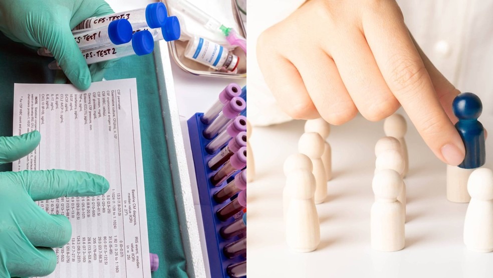 Uma mão enluvada manipulando tubos de ensaio e resultados de exames, ao lado de uma mão selecionando uma figura azul entre várias brancas, simbolizando diagnóstico e escolha individual.