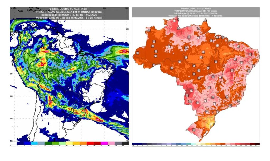 Dois mapas de previsão do tempo do Brasil: um de chuva acumulada (azul, verde, amarelo, vermelho) e outro de temperatura máxima (laranja, vermelho) para 12-16/02/2026.