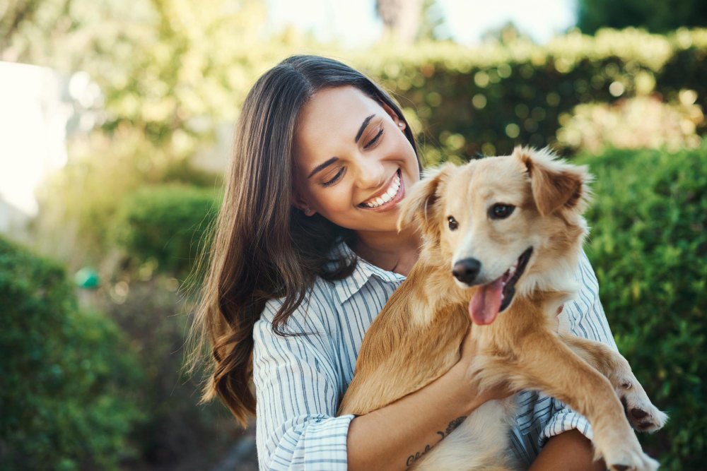 Mulher sorridente abraçando um cachorro de pelagem dourada em um jardim.