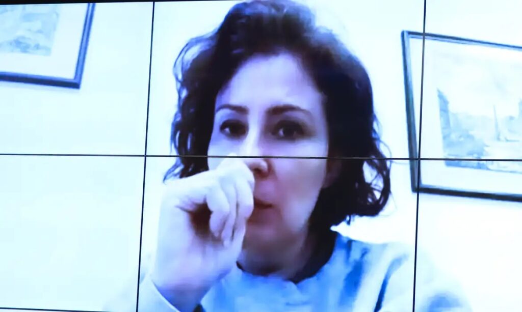 Mulher de cabelo escuro e camisa clara, com a mão no rosto, em tela de videoconferência.