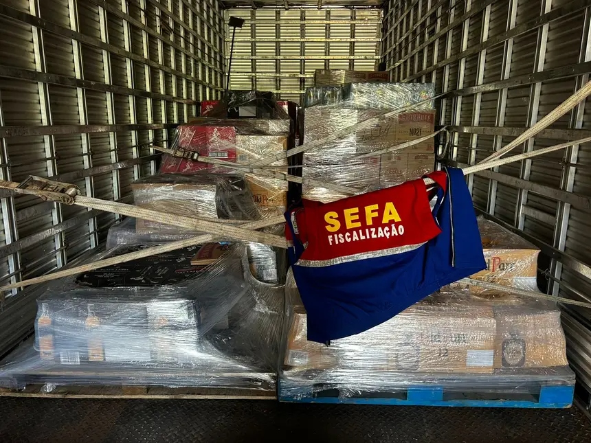 Carga de caminhão com caixas lacradas e colete da SEFA Fiscalização.