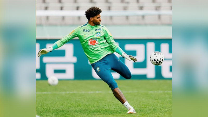 Goleiro brasileiro em ação, usando camisa verde e luvas, se preparando para defender uma bola em campo de futebol.