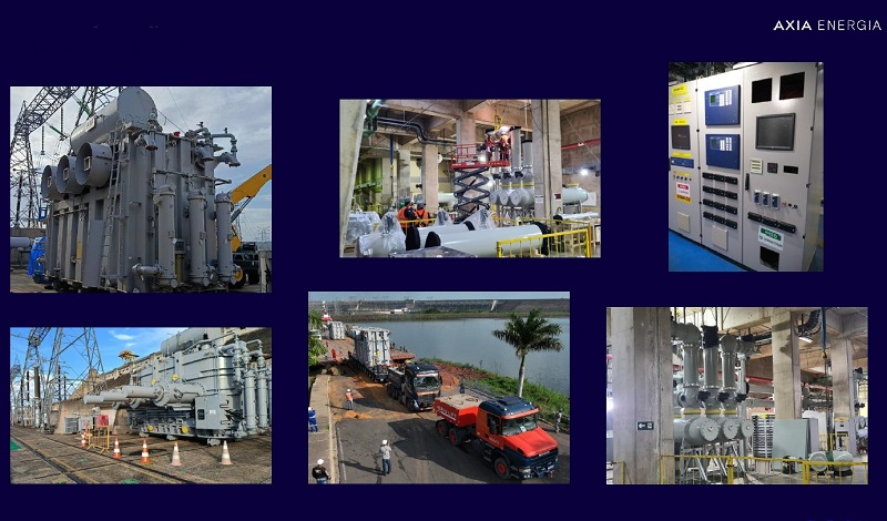 Colagem de seis fotos mostrando a instalação de infraestrutura de energia e equipamentos industriais da Axia Energia.
