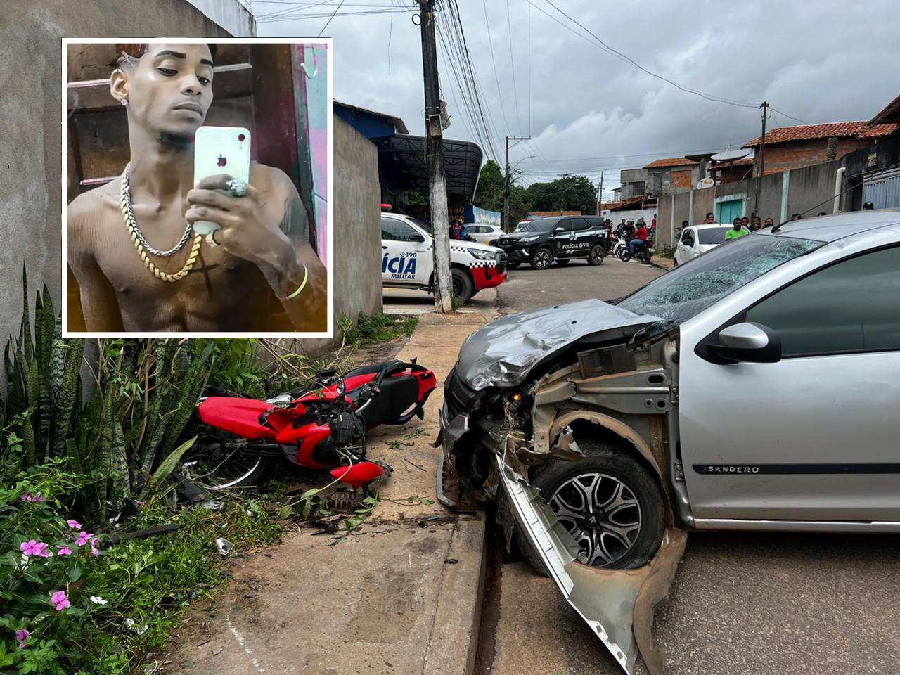 Acidente de carro e moto com veículo danificado e motocicleta caída, e foto de vítima.