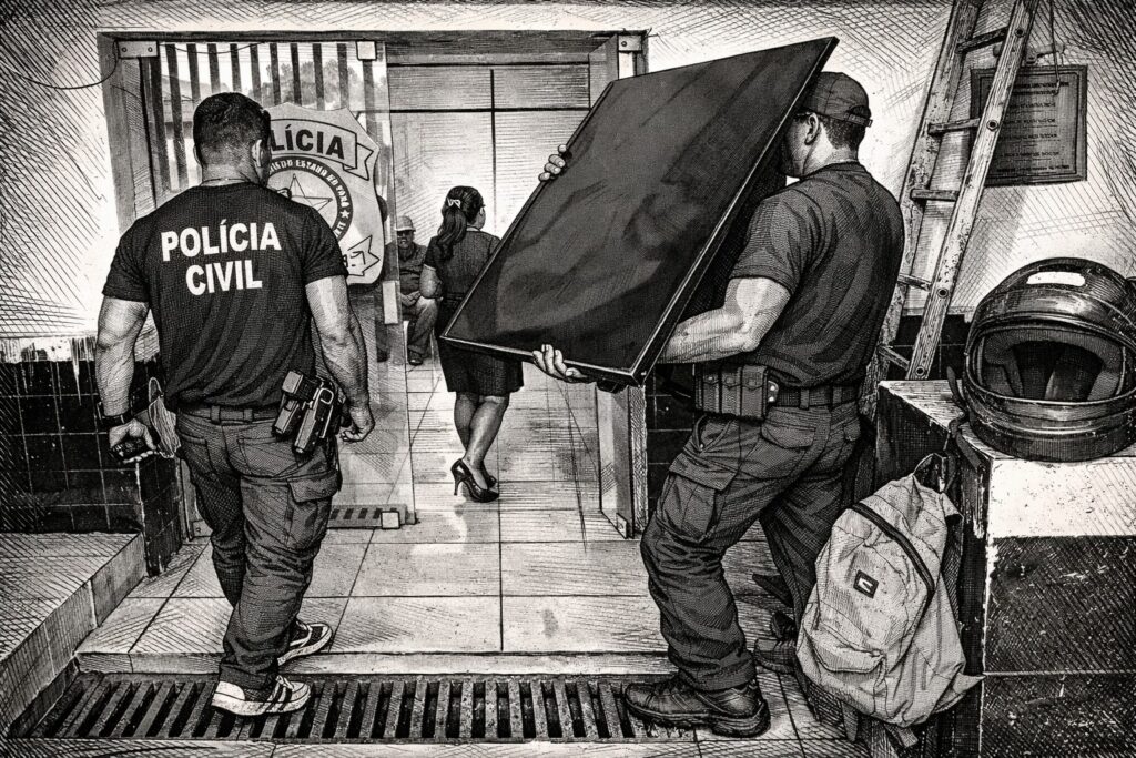 Ilustração em preto e branco de agentes em ambiente interno, com um homem de camiseta 'POLÍCIA CIVIL' e outro carregando um objeto retangular grande e escuro.