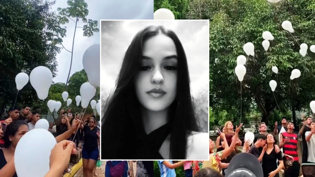 Colagem com foto em preto e branco de jovem mulher no centro e pessoas soltando balões brancos ao redor.