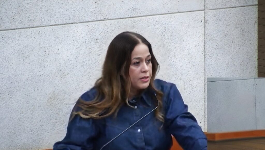 Mulher com cabelo castanho longo e camisa jeans azul olhando para o lado esquerdo.