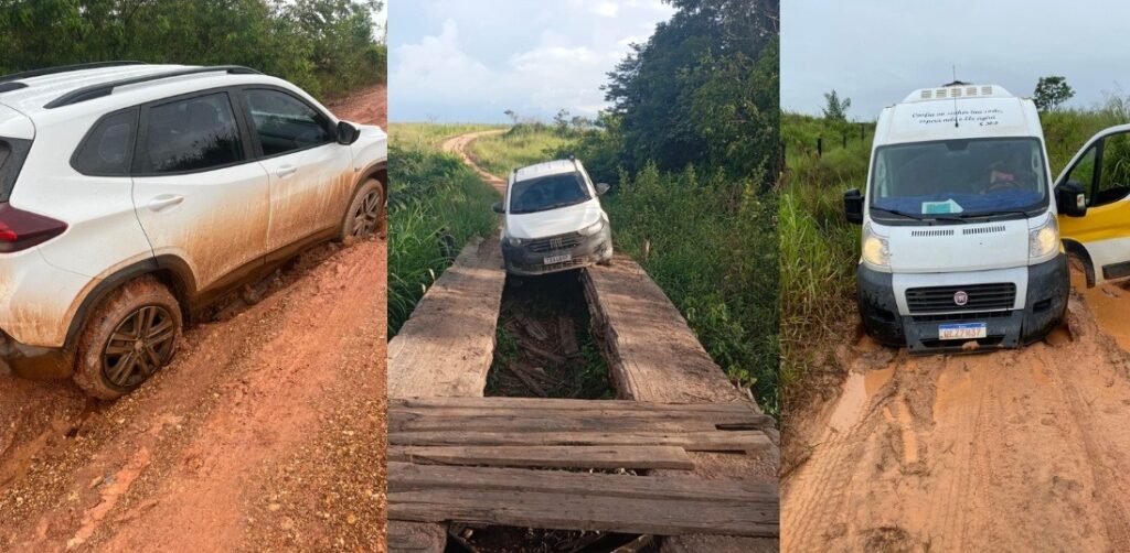 Veículos presos na lama e em ponte precária em estradas rurais.