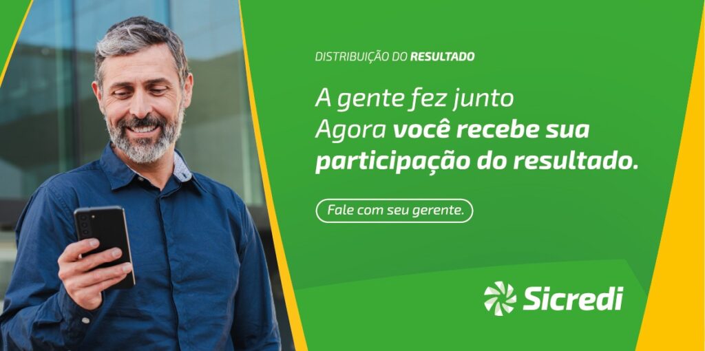Anúncio sobre distribuição de resultados com homem sorrindo e texto em português.