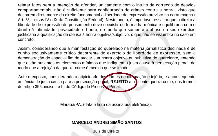 Documento jurídico com a palavra 'REJEITO' circulada em vermelho.