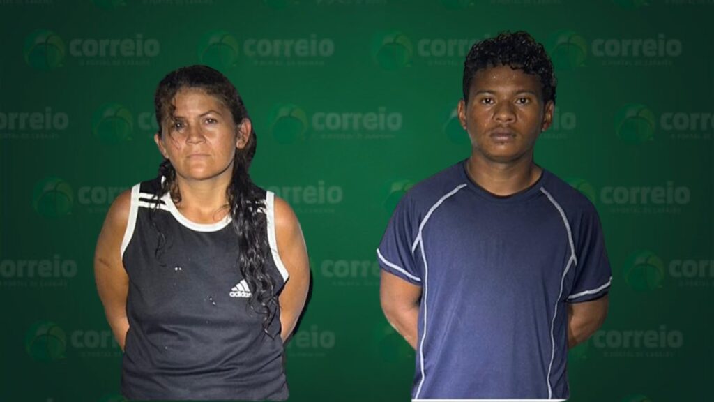 Mulher e homem com expressões sérias em frente a fundo verde com logo "correio".