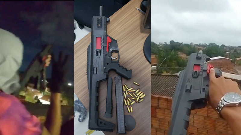 Colagem de três imagens: homem encapuzado com arma à noite, arma com munição em mesa, e arma apontada sobre residências.