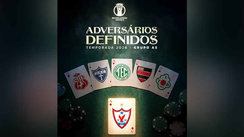 Imagem gráfica de anúncio do Brasileirão Série D 2026, com cartas de baralho exibindo logos de times de futebol e a frase 'Adversários Definidos'.