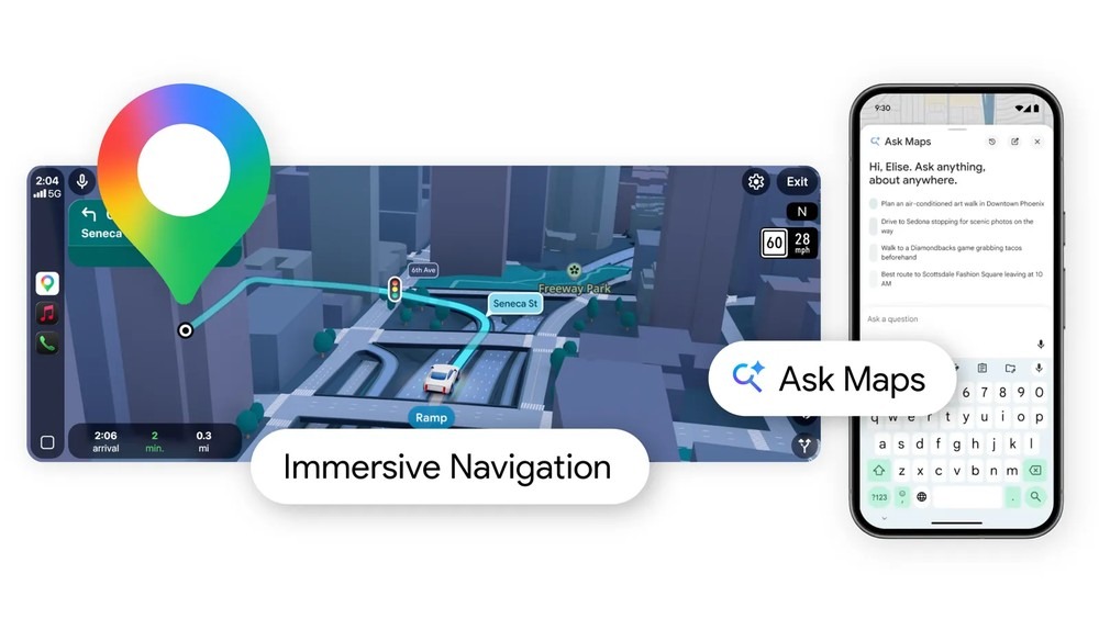 Interface de navegação 3D em um mapa com vista aérea de uma cidade, mostrando um carro em uma rota destacada e o texto 'Immersive Navigation'.