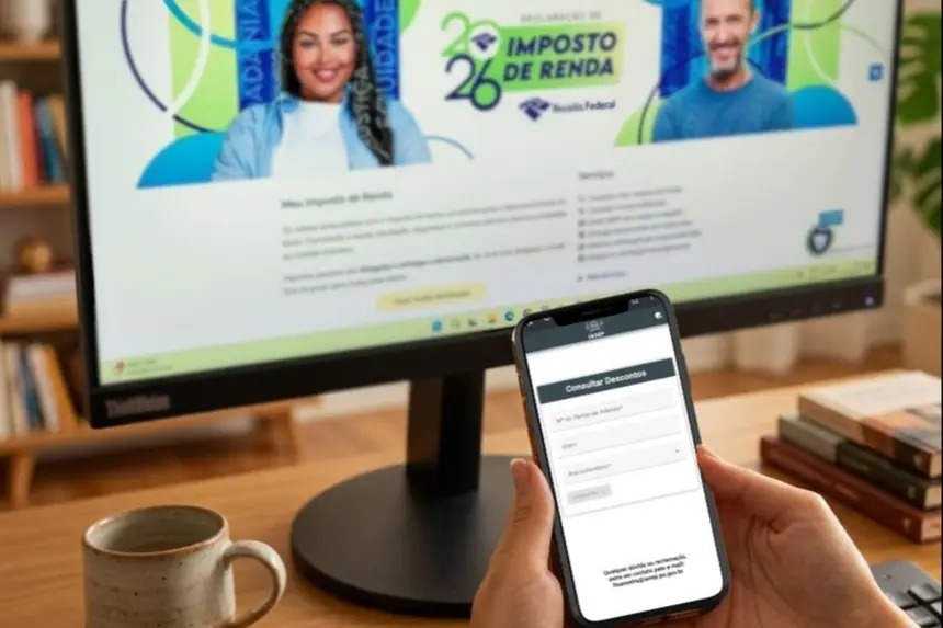 Pessoa usando celular para preencher dados enquanto monitor exibe site da Receita Federal sobre Imposto de Renda 2026.