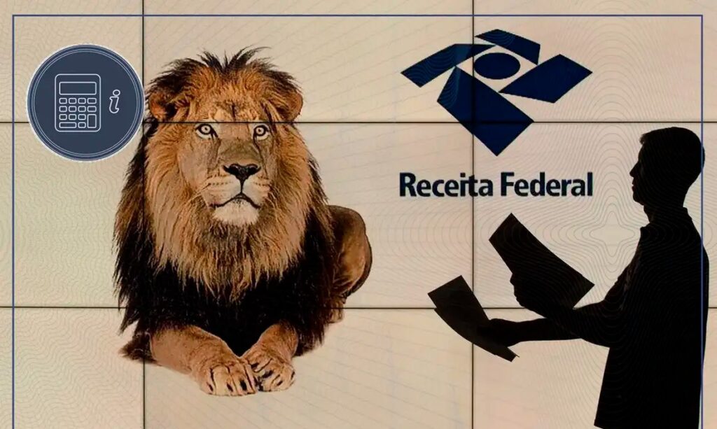 Imagem do leão, símbolo do Imposto de Renda, ao lado do logo e nome da Receita Federal.