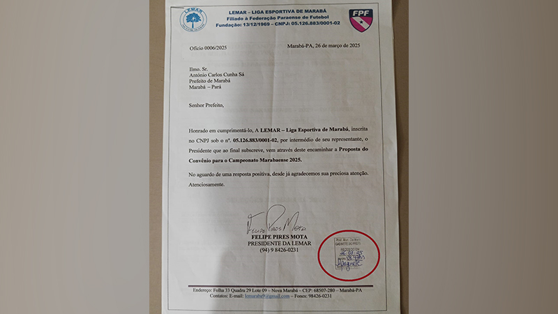 Ofício da LEMAR ao Prefeito de Marabá sobre o Campeonato Marabaense 2025.