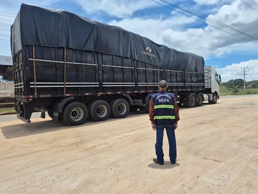 Fiscal da SEFA inspecionando caminhão de carga em rodovia