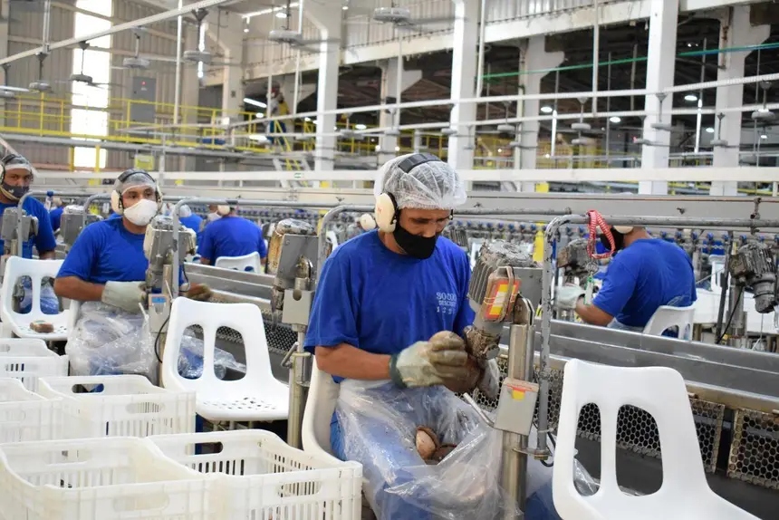 Funcionário em linha de produção industrial utilizando EPIs como máscara e protetor auricular.