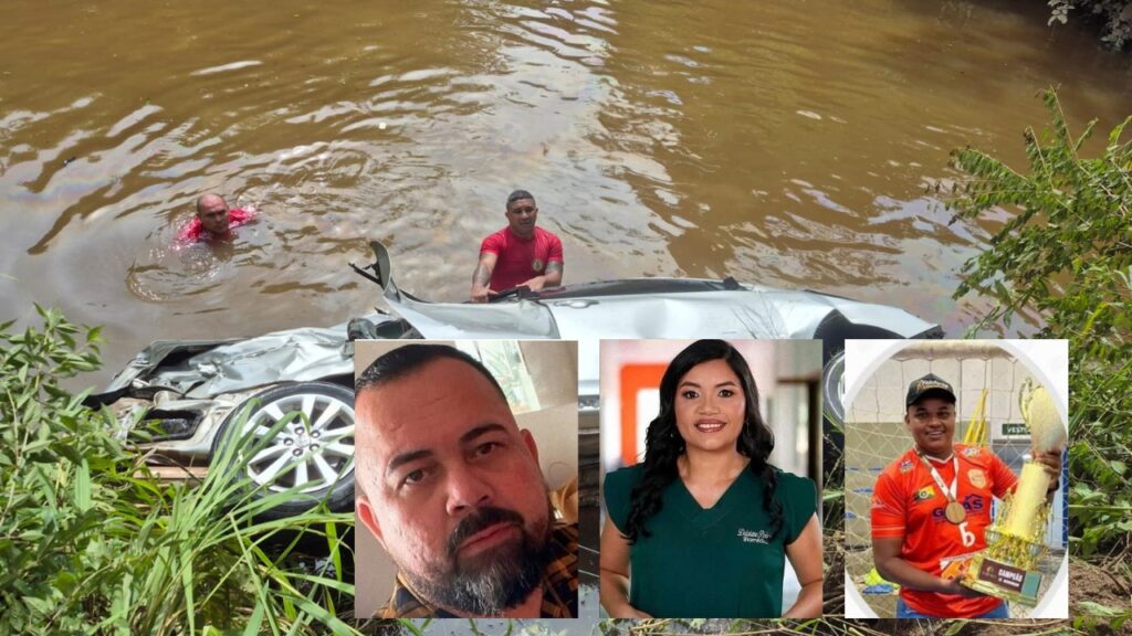 Colagem: resgate de carro em água barrenta, homem barbudo e mulher de uniforme médico.