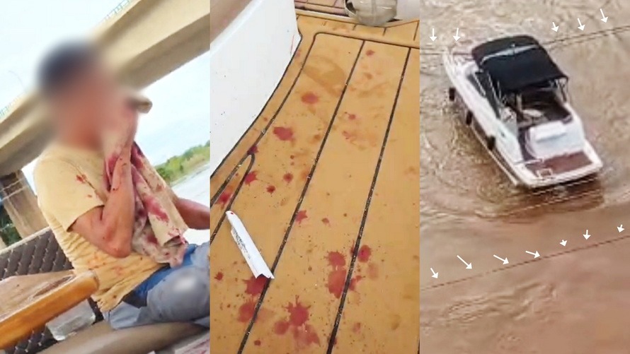 Três painéis: um homem ferido com sangue no rosto e roupa, um deck de barco com várias manchas de sangue e um barco branco encalhado em água barrenta.