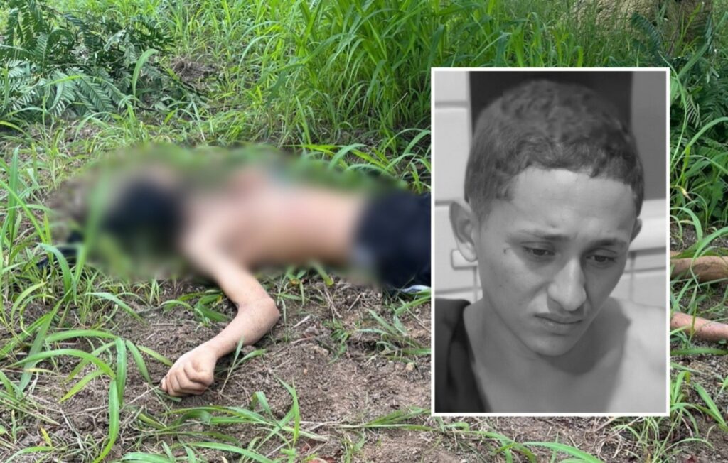 Colagem de duas fotos: um corpo borrado deitado no chão em uma área de mato e o rosto de um homem chorando em preto e branco.