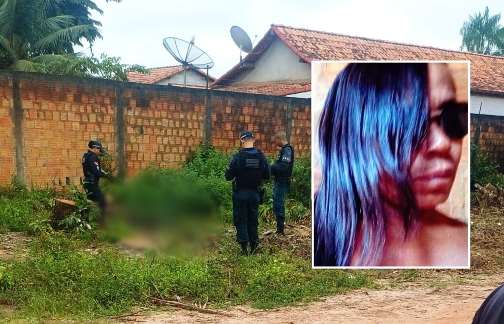Polícia Militar em local de incidente com corpo borrado e foto de mulher em destaque.