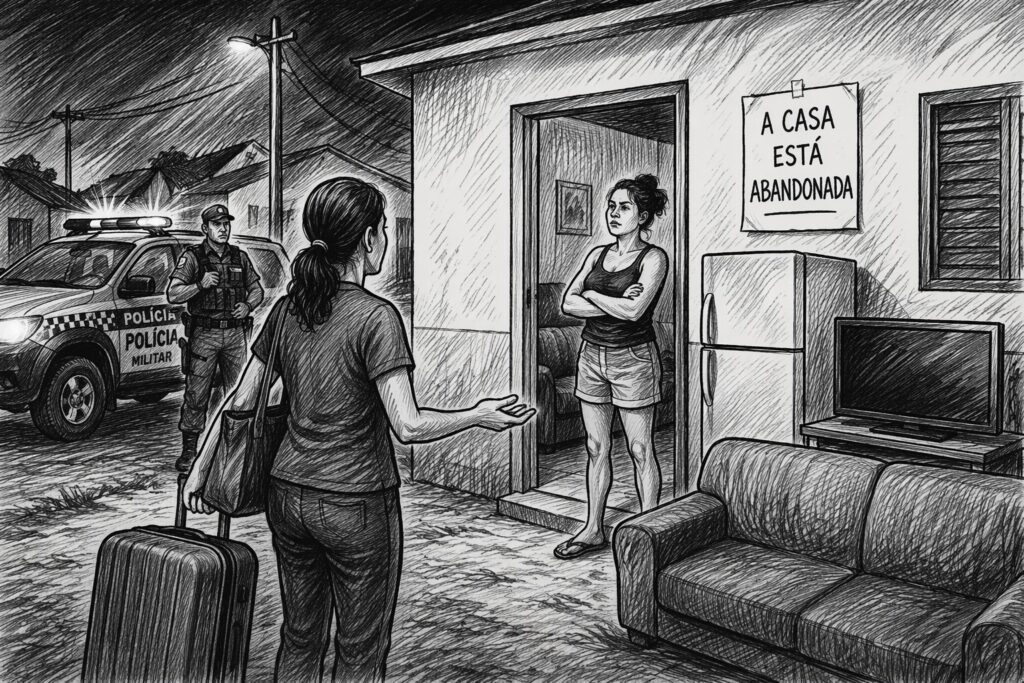 Desenho em preto e branco de uma mulher com mala diante de uma casa, enquanto outra mulher a barra na porta e um policial observa.