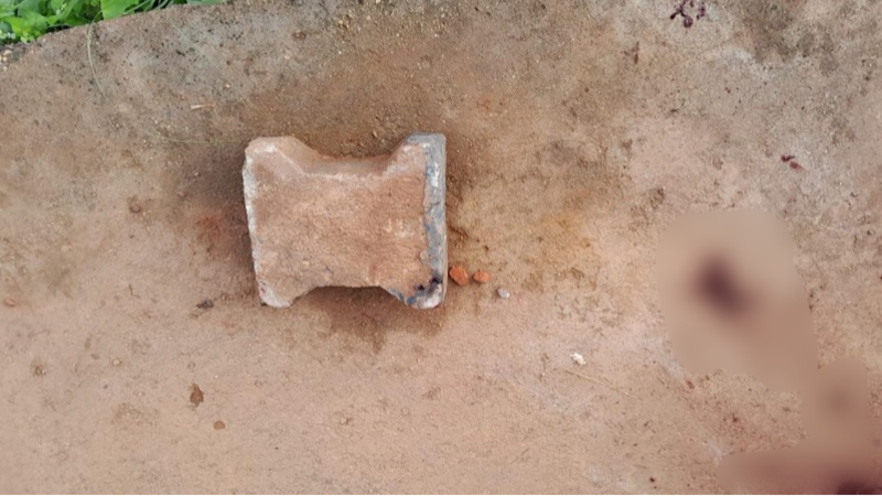 Um bloco de pavimentação (paver) marrom em forma de H sobre terra seca, com vegetação e um objeto borrado à direita.