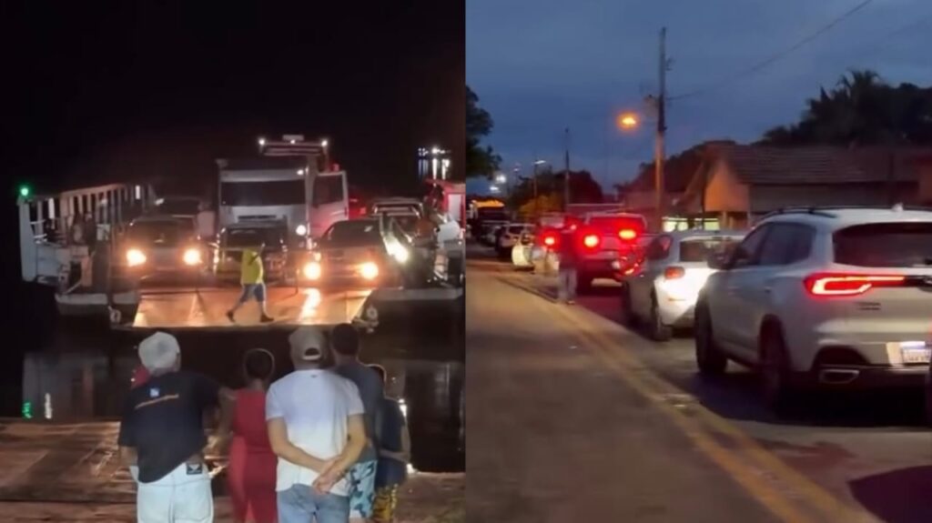 Imagem dividida mostrando uma cena noturna com veículos e pessoas à esquerda, e um engarrafamento ao anoitecer à direita.