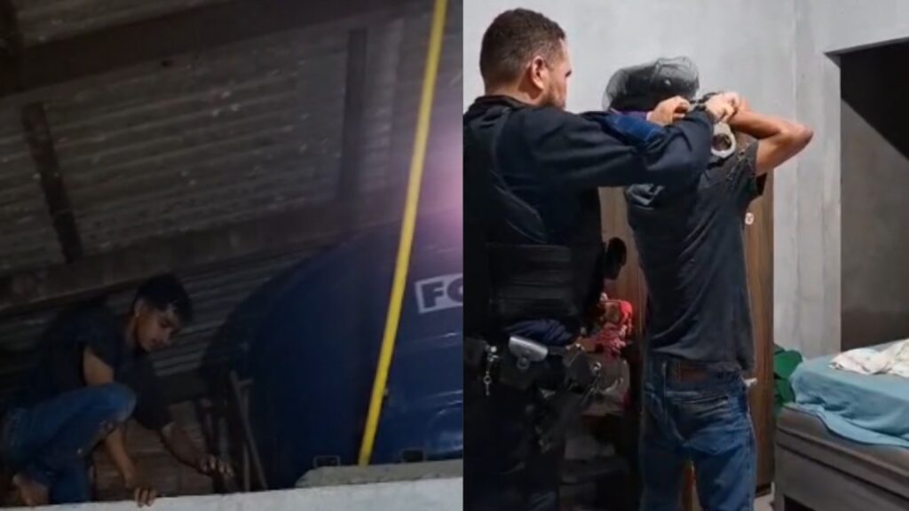 Diptíco: Um veículo azul com a letra 'F' e um policial abordando um indivíduo.