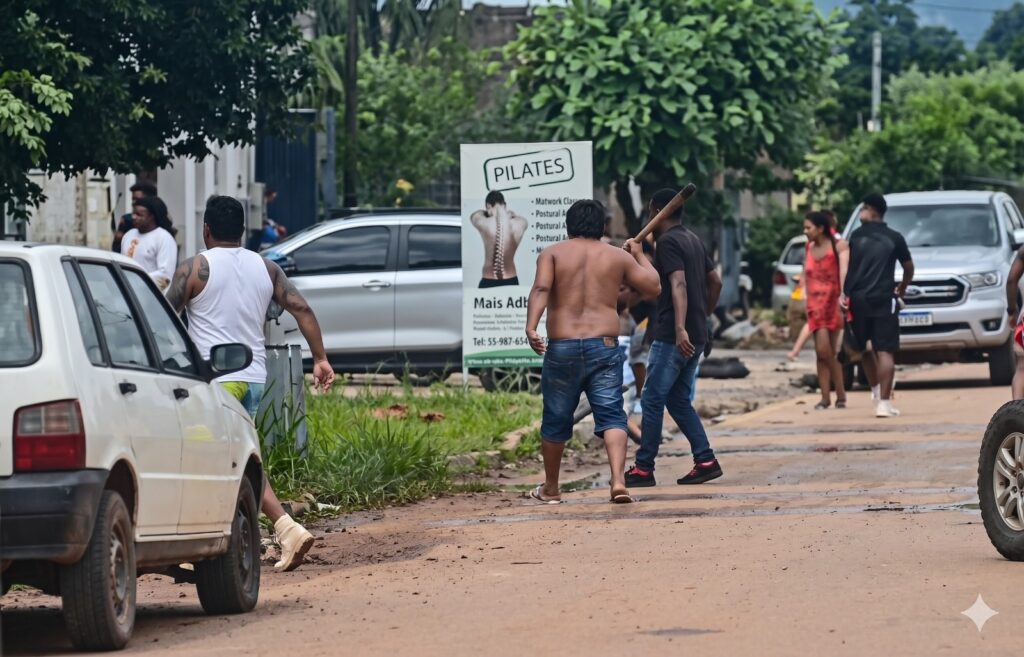 Grupo de pessoas caminhando em uma rua de terra, um homem carrega um bastão no ombro.