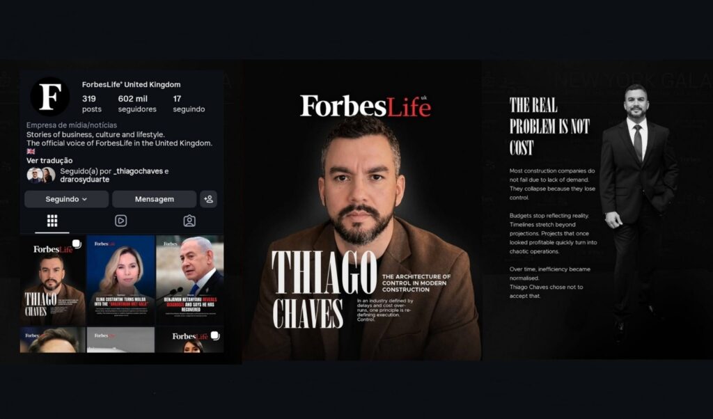 Capa da revista ForbesLife UK com Thiago Chaves, um homem barbudo de blazer marrom.