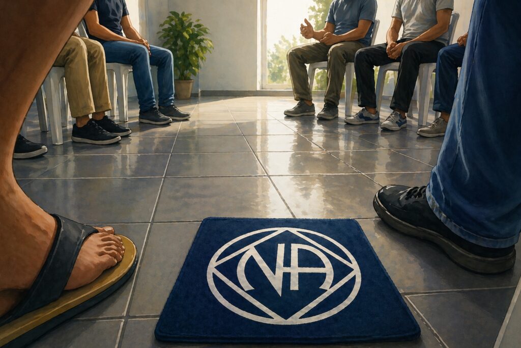 Um grupo de pessoas sentadas em círculo com o tapete dos Narcóticos Anônimos (NA) no centro.