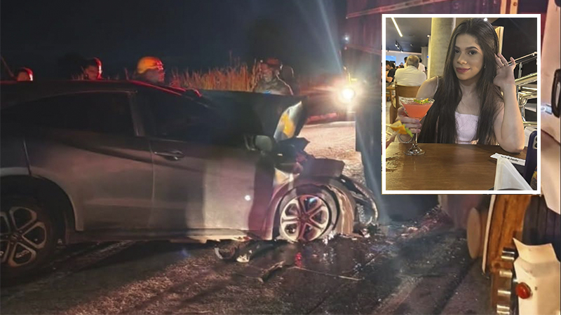 Imagem composta de um carro gravemente acidentado à noite em primeiro plano e, em um inseto, uma jovem sorrindo com um drink.