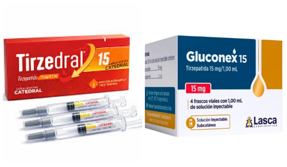 Caixas de medicamentos injetáveis Glucono Tirzepatida e Catedral, com seringas.