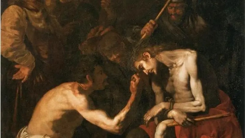 Pintura barroca de A Coroação de Espinhos, mostrando Jesus com a coroa e seus algozes.