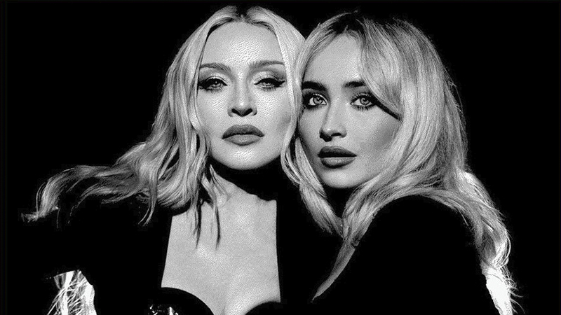 Madonna e Sabrina Carpenter em um retrato impactante em preto e branco.