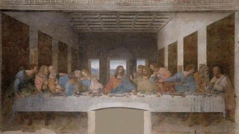Pintura mural de Leonardo da Vinci, A Última Ceia, mostrando Jesus e seus doze apóstolos à mesa.