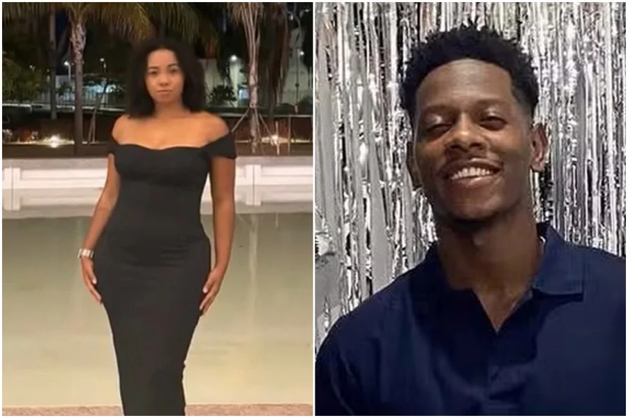 Mulher de vestido preto e homem de polo azul em imagem dividida.