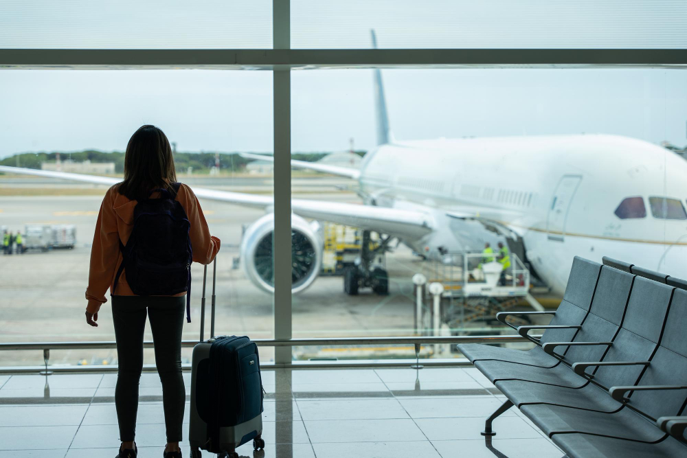 Mulher com mochila e mala olhando avião no aeroporto.