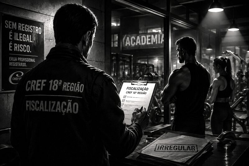 Fiscal de educação física do CREF 18ª Região preenche formulário de fiscalização em uma academia, com a palavra "IRREGULAR" em destaque na mesa.